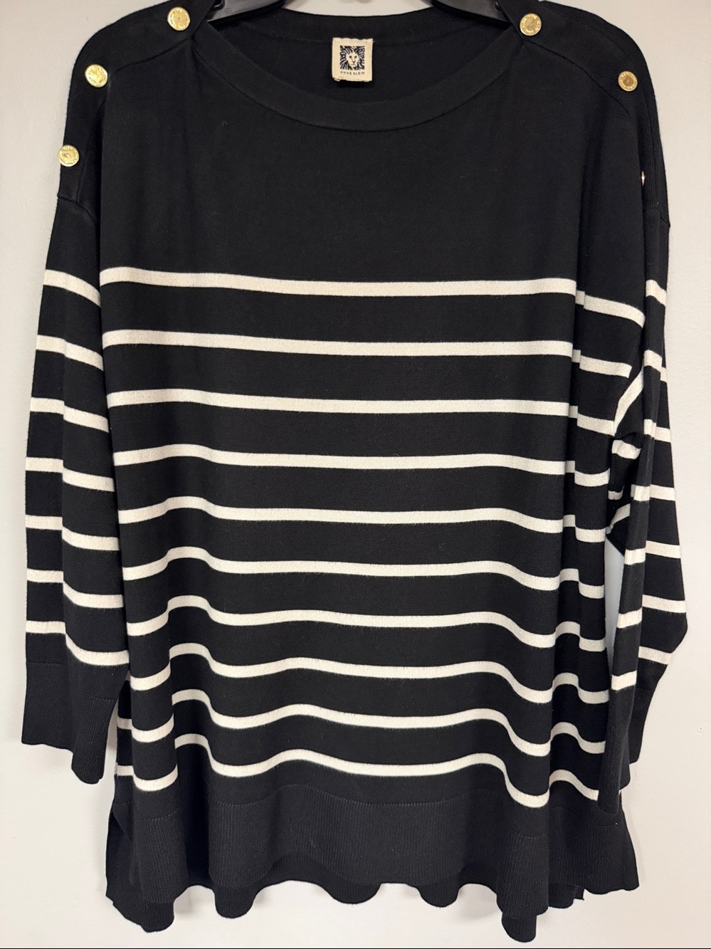 Anne Klein Striped Black & White Tunic Top Gold Button Bling XL